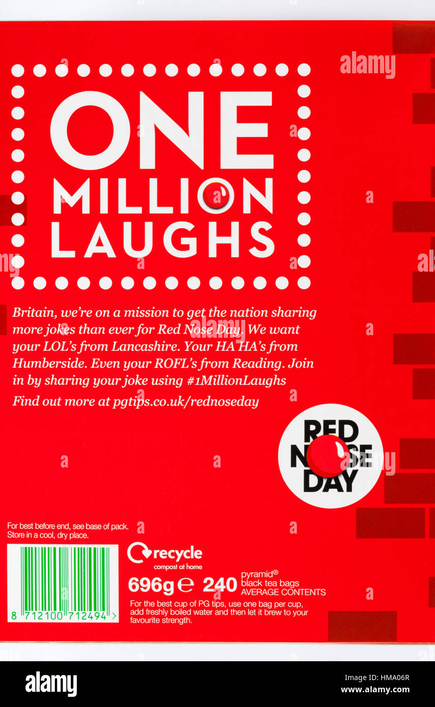 Schachtel mit PG Tips Teebeutel weitergeben Sie das Lachen rote Nase Tag One million lacht Informationen Stockfoto