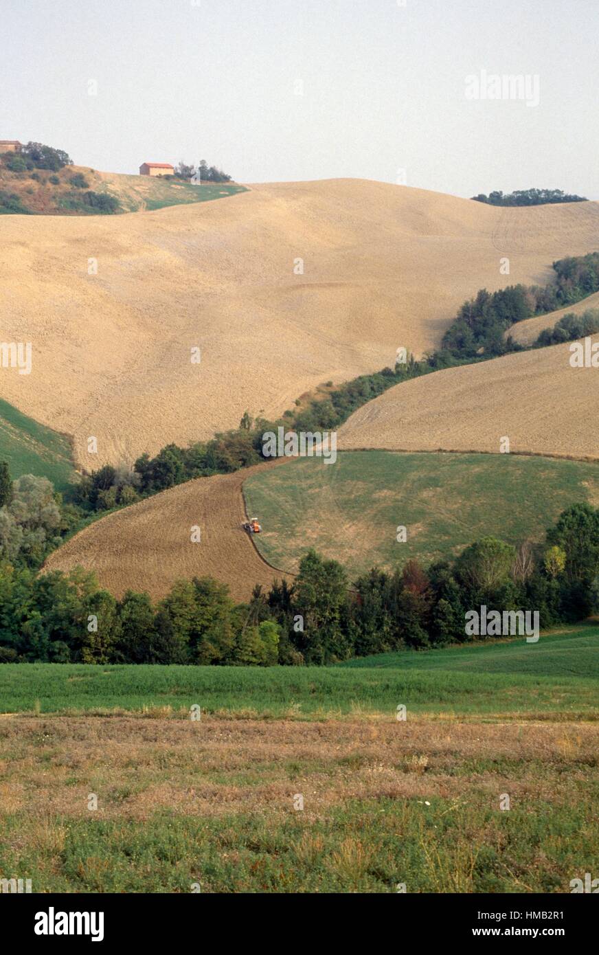 Landschaft mit Hügeln und Ortschaften entlang der Via Francigena oder Via Romea, Toskana, Italien. Stockfoto