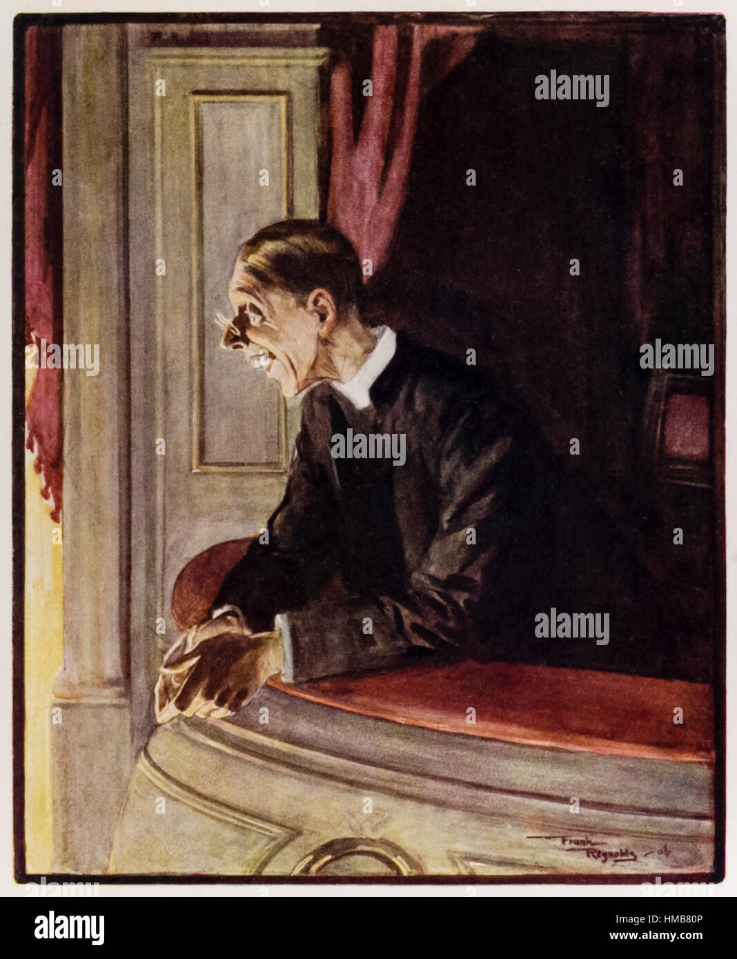 „Frivolity“-Aquarell des britischen Künstlers Frank Reynolds (1876-1953) zeigt einen Priester, der in einer Theaterbox sitzt und die Vorstellung genießt. Foto von einer Originalillustration aus dem frühen 20. Jahrhundert. Kredit: Privatsammlung / AF Fotografie. Stockfoto