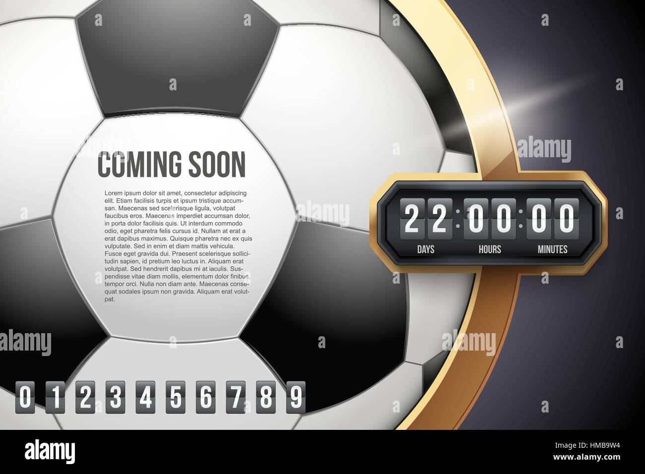 Fußball-Coming Soon und Countdown-Timer. Stock Vektor