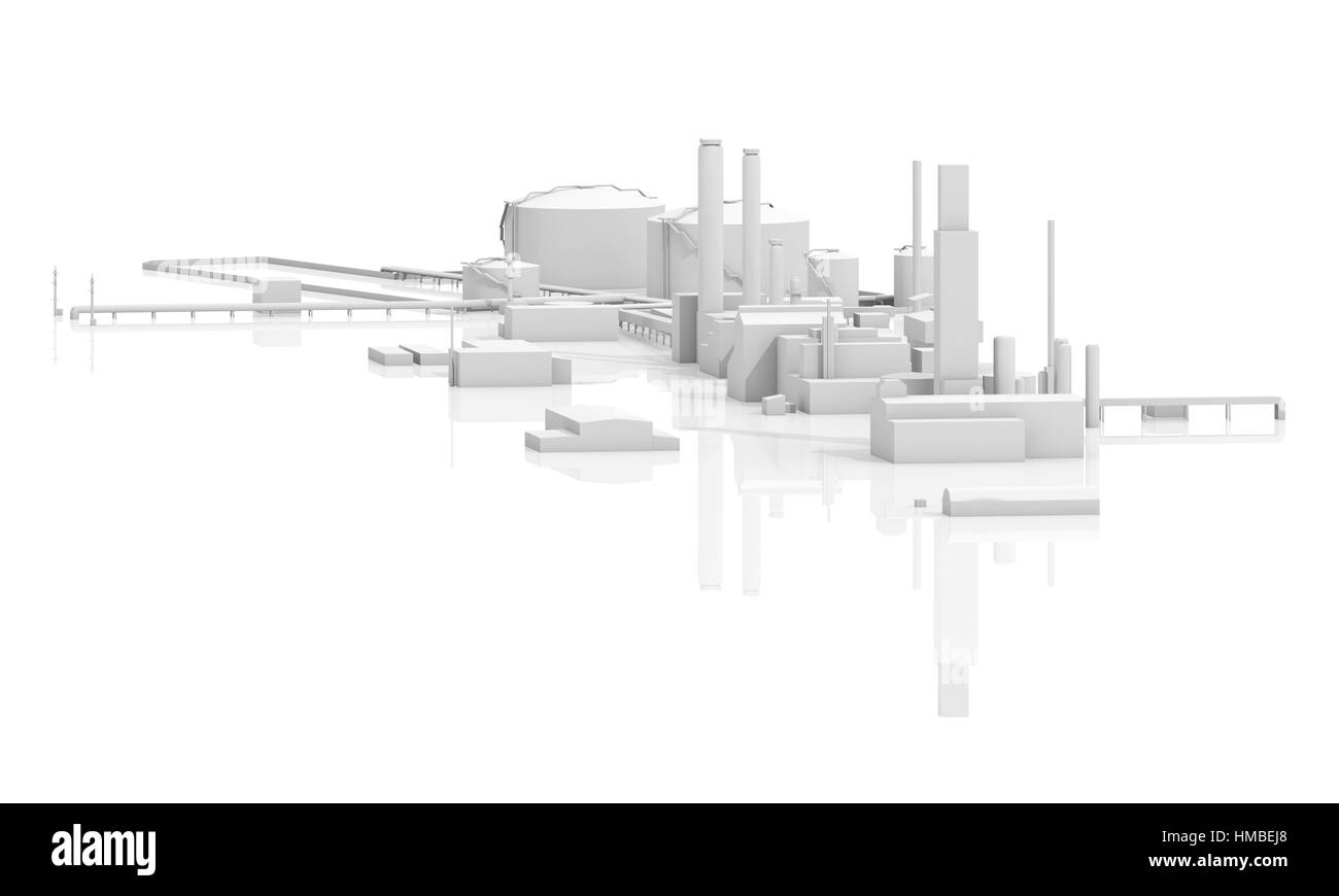 Abstrakten modernen Industriebetriebes. Tanks, Schornsteine und Gebäuden, 3D-Modell isoliert auf weißem Hintergrund mit Reflexionen über Boden, Vogel Vogelperspektive Stockfoto