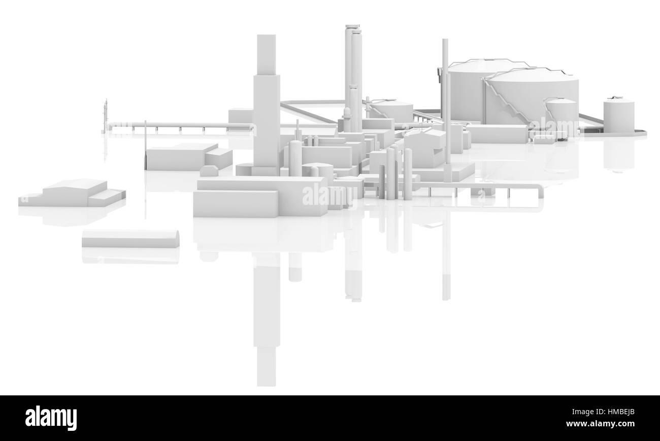 Abstrakten modernen Industriebetriebes. Tanks, Schornsteine und Gebäuden, 3D-Modell isoliert auf weißem Hintergrund, Vogel-Auge Ansicht Stockfoto