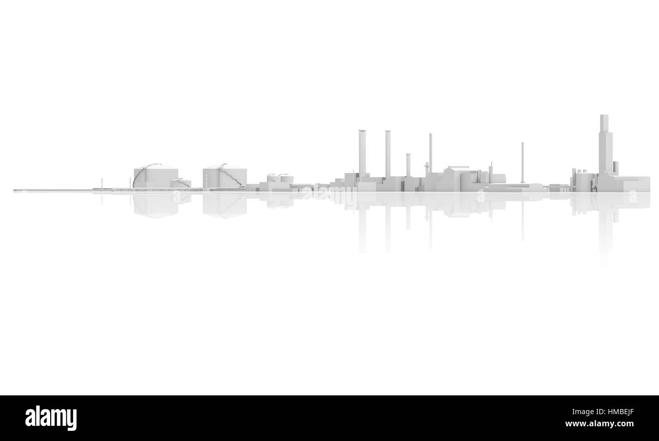 Abstrakte moderne Industriegebäude mit Panzern, Schornsteine und Gebäuden, 3D-Modell isoliert auf weißem Hintergrund mit Reflexionen am Boden Stockfoto