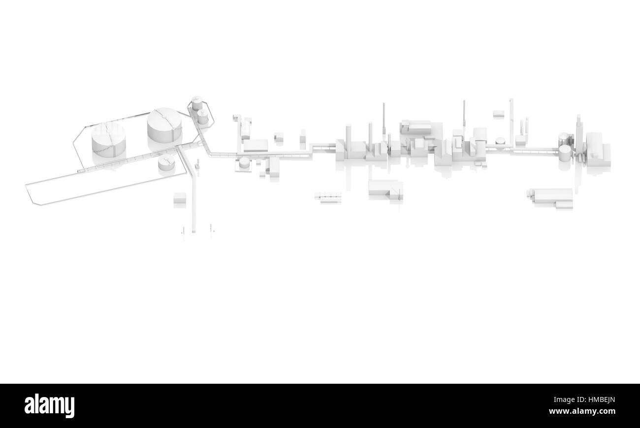 Abstrakte moderne Industriegebäude mit Panzern, Schornsteine und Gebäuden, 3D-Modell isoliert auf weißem Hintergrund, Vogelperspektive Stockfoto