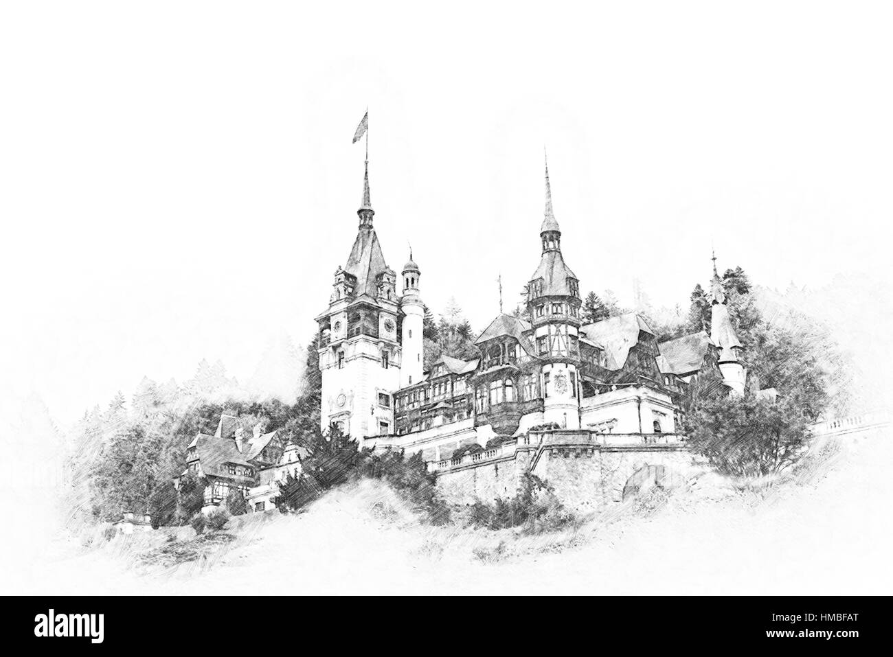 Skizze von Schloss Peles In Karpaten Stockfoto