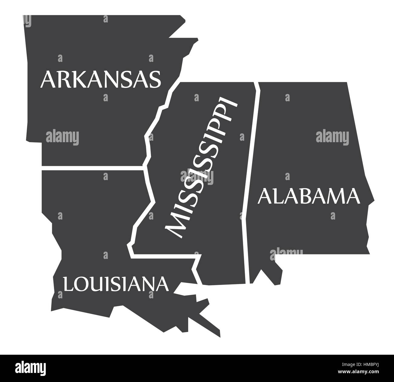 Arkansas - Louisiana - Mississippi - Alabama Karte schwarz Abbildung gekennzeichnet Stock Vektor