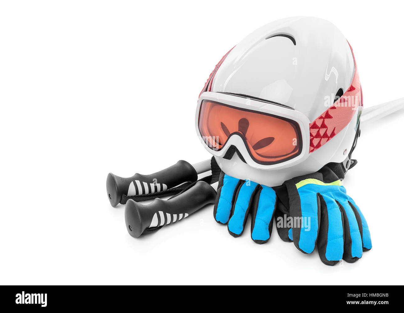 Skischuhe Handschuhe Helm isoliert. Stockfoto