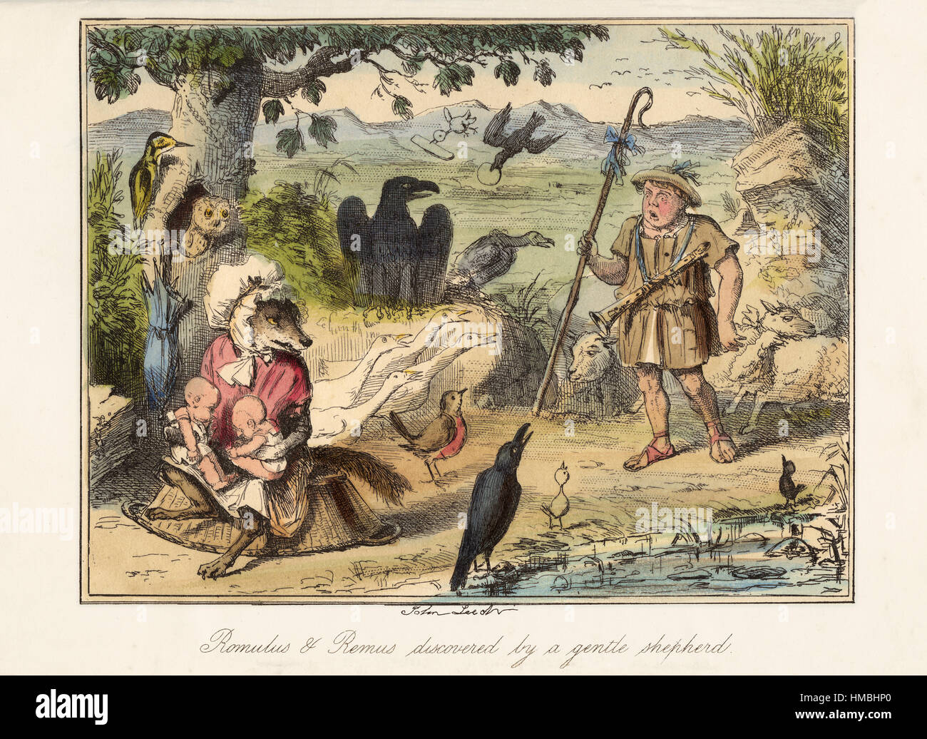 Entdeckung von Romulus und Remus. von "The Comic History of Rome" von Gilbert À Beckett. Illustriert von John Leech veröffentlicht 1864. Stockfoto