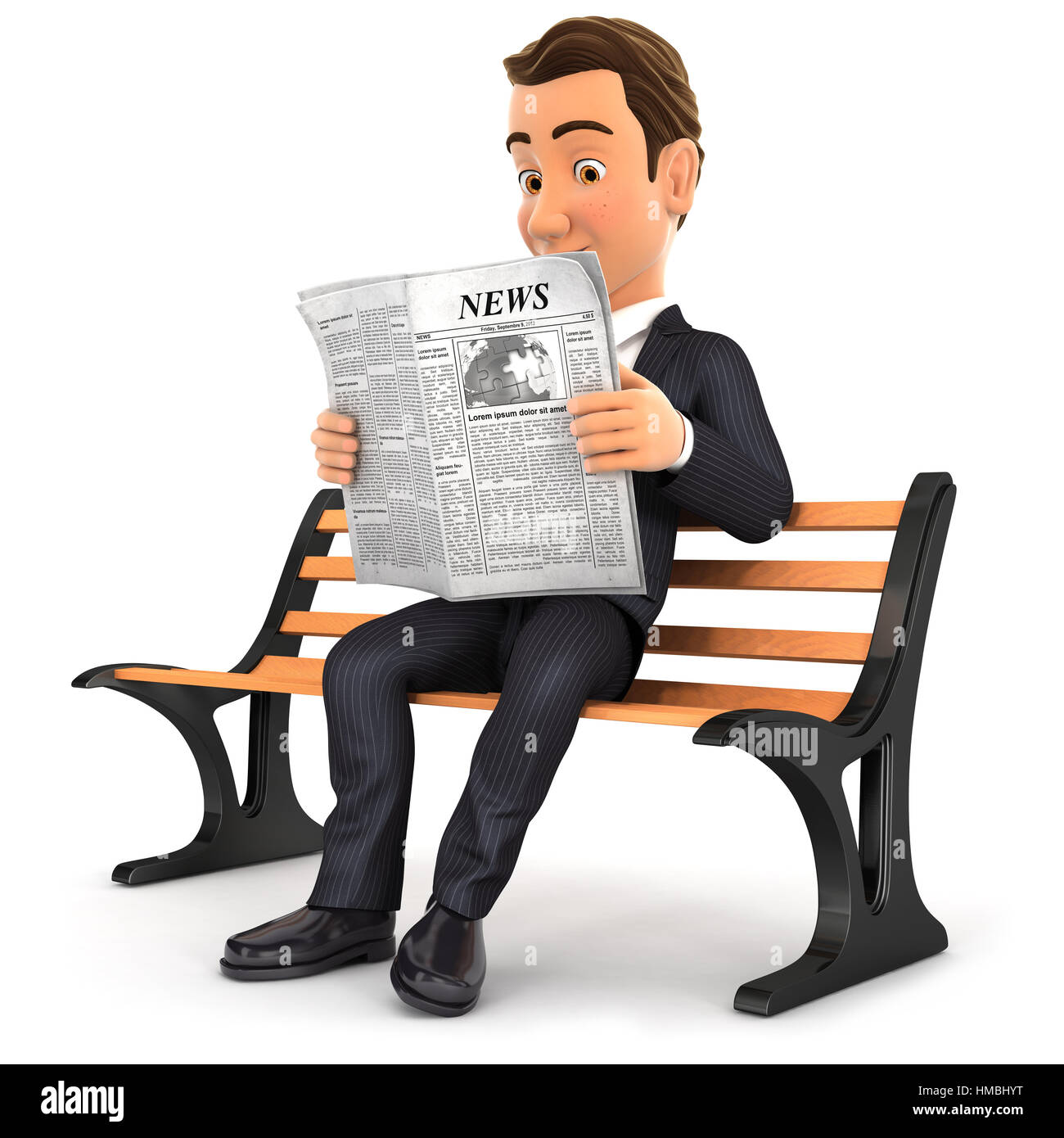 3D Geschäftsmann Zeitunglesen auf öffentlichen Bank, Abbildung mit isolierten weißen Hintergrund Stockfoto