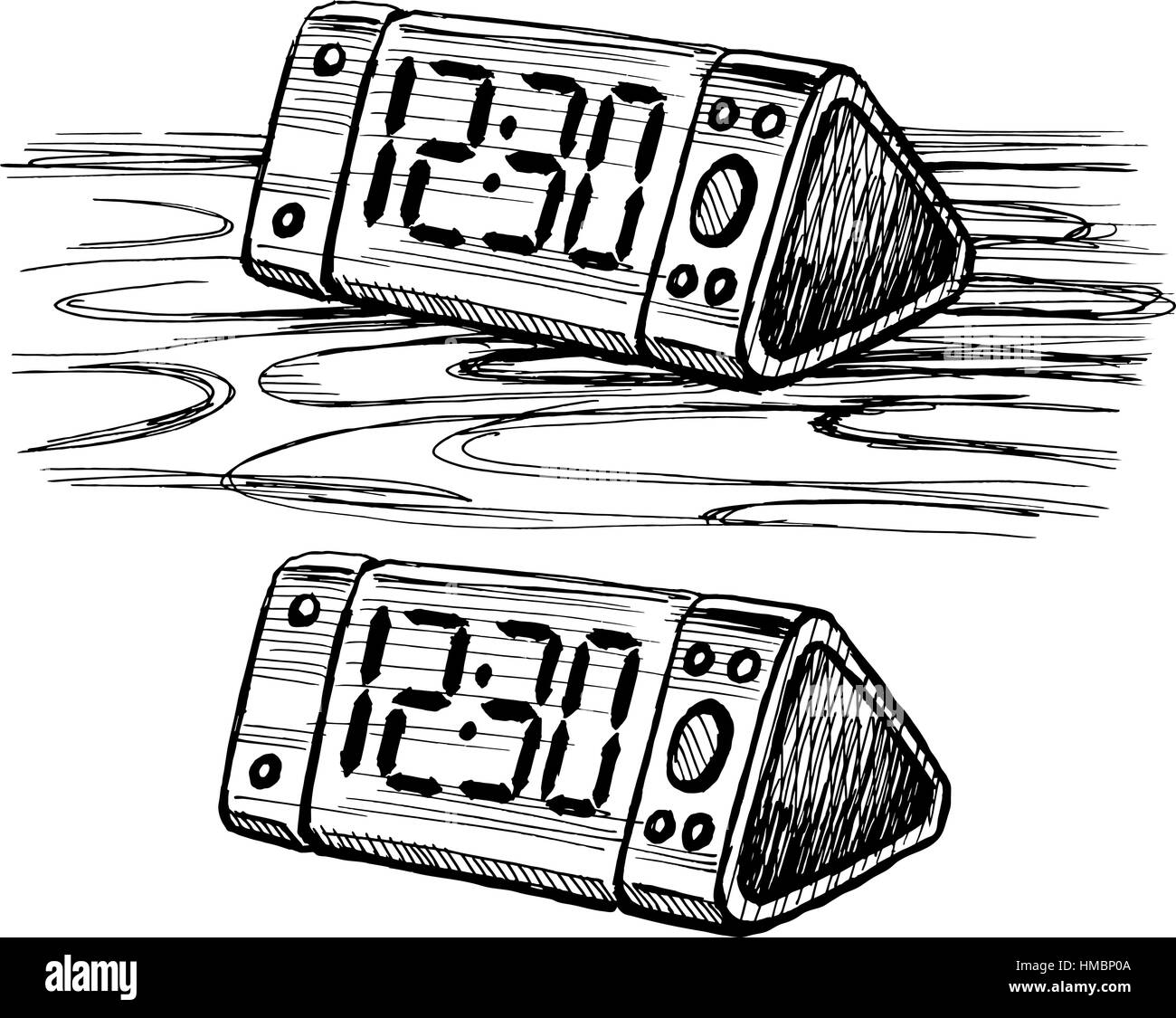 Skizze Vektor Digitaluhr auf dem Tisch Stock Vektor