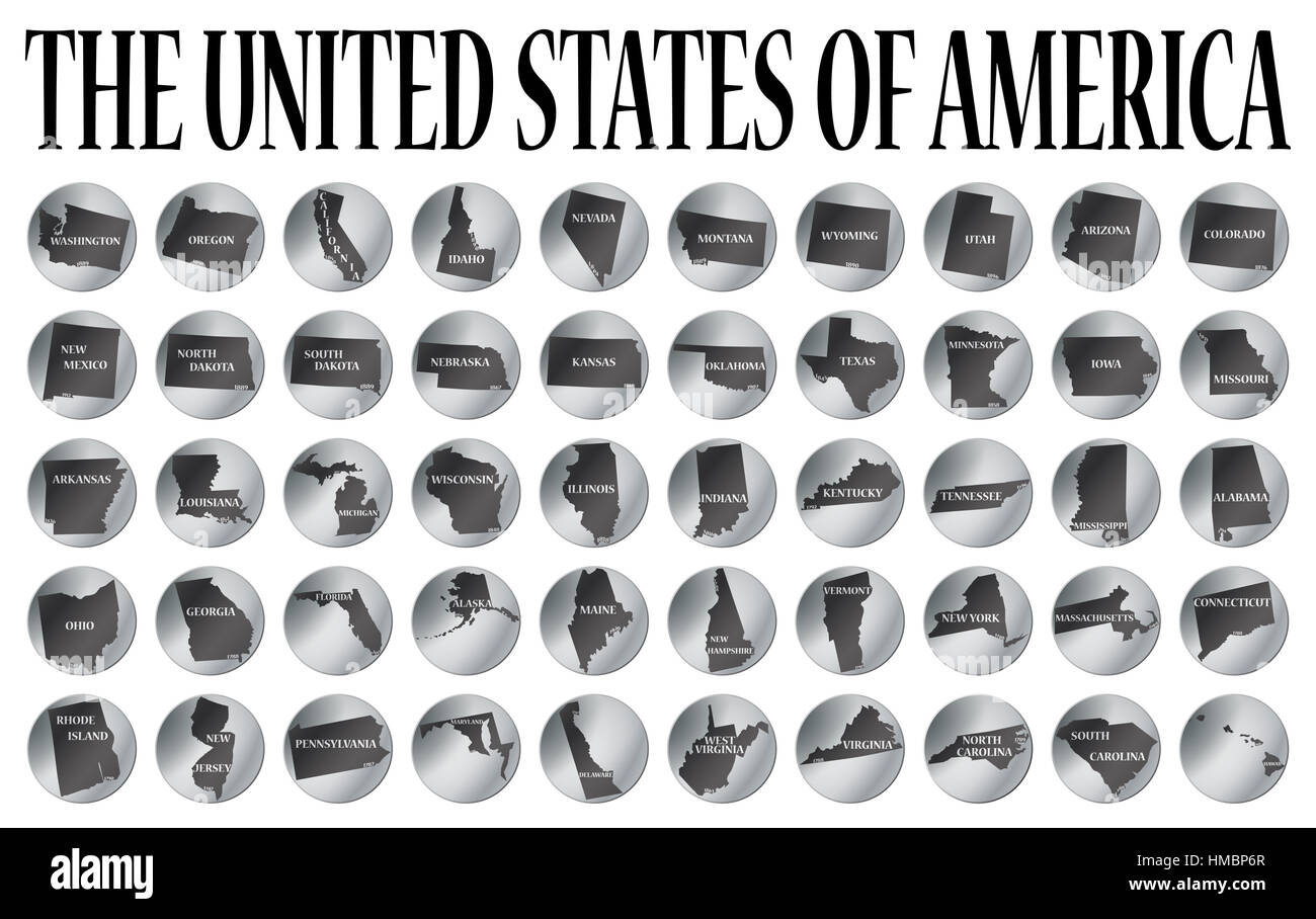 50 Münzen für die 50 Staaten der USA isoliert auf weißem Hintergrund Stockfoto