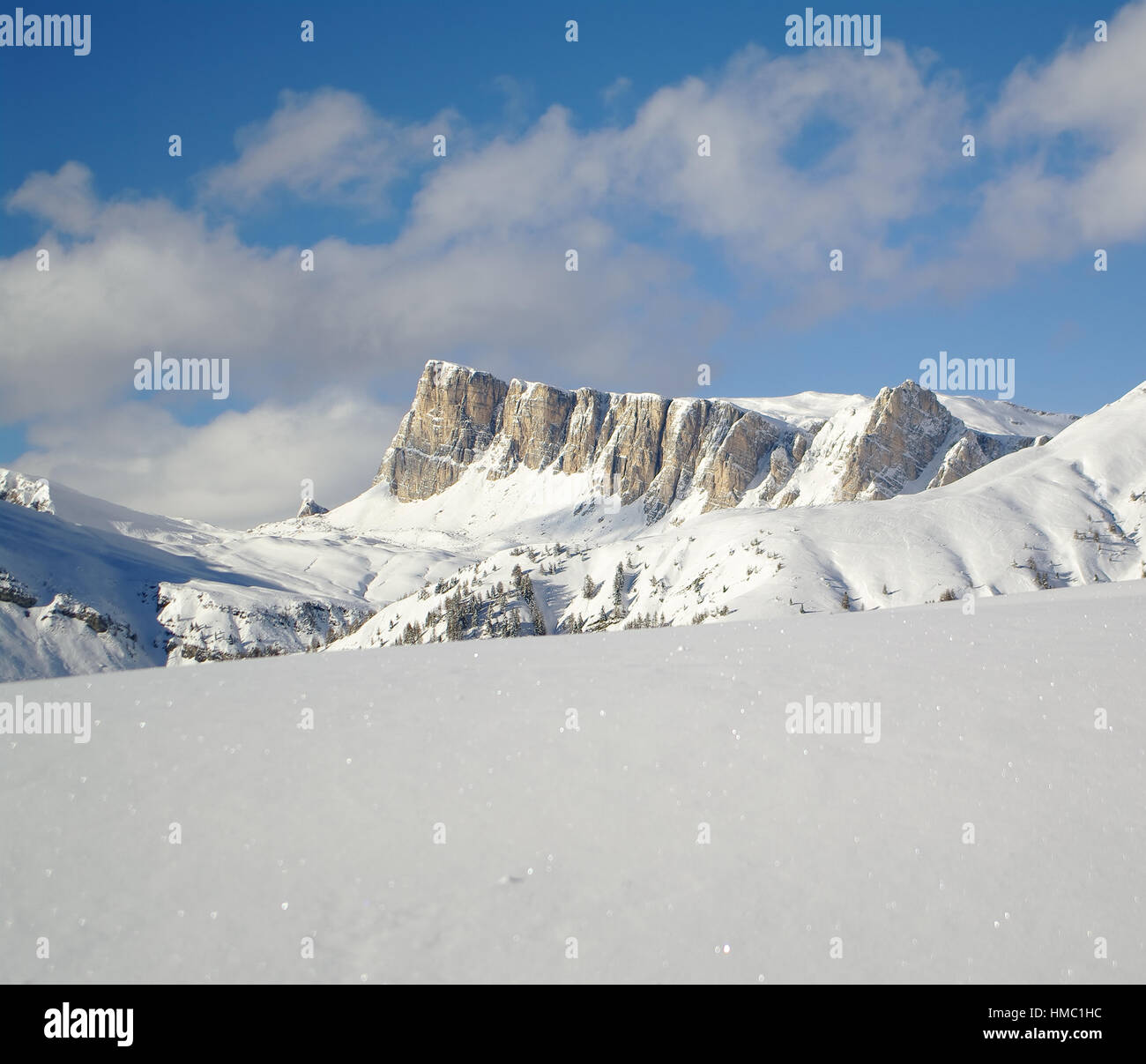 Winterlandschaft der Dolomiten: Blick auf die Croda Da Lago-Gruppe, in der Nähe von Cortina. Stockfoto