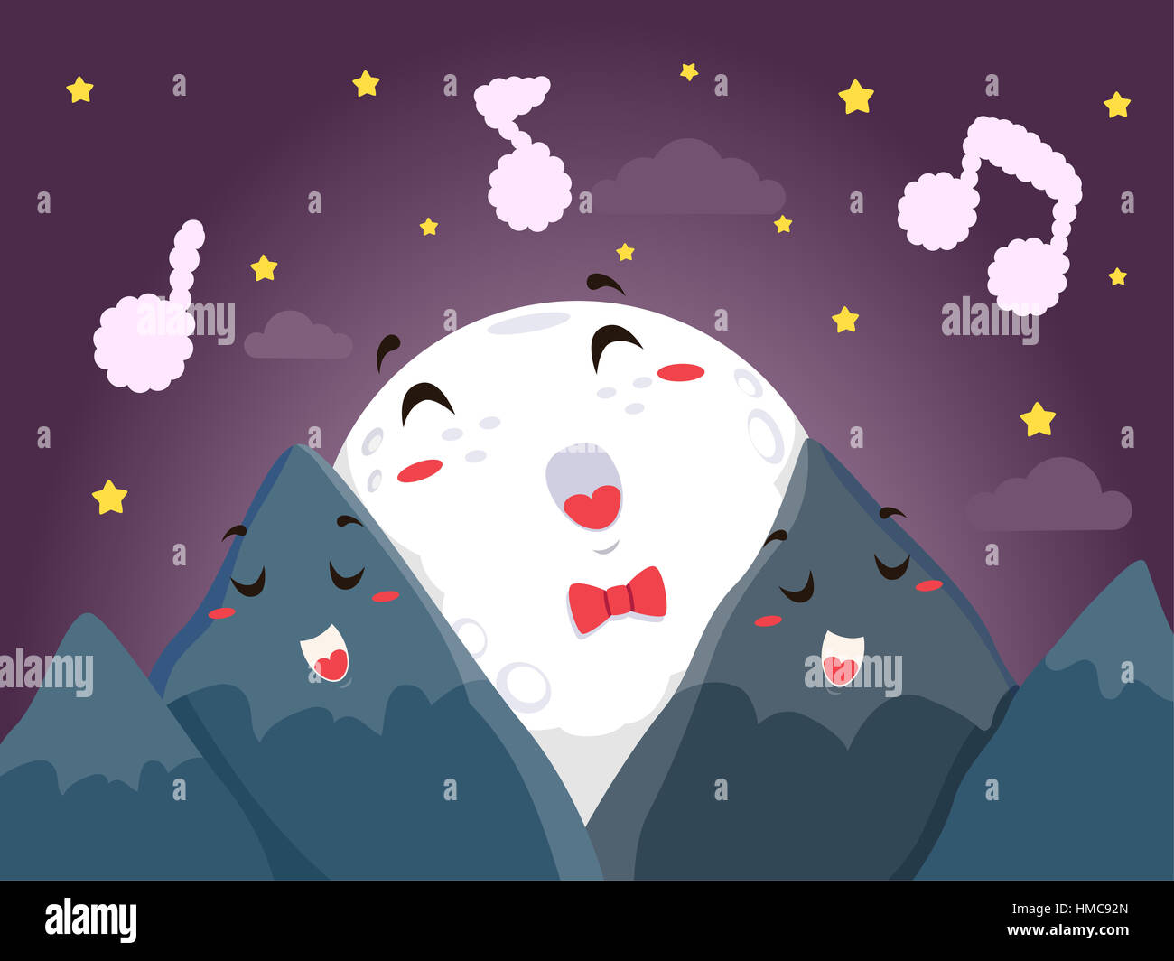 Maskottchen Abbildung einer Vollmondnacht sang ein Lied mit einem paar der Berg-Maskottchen Stockfoto