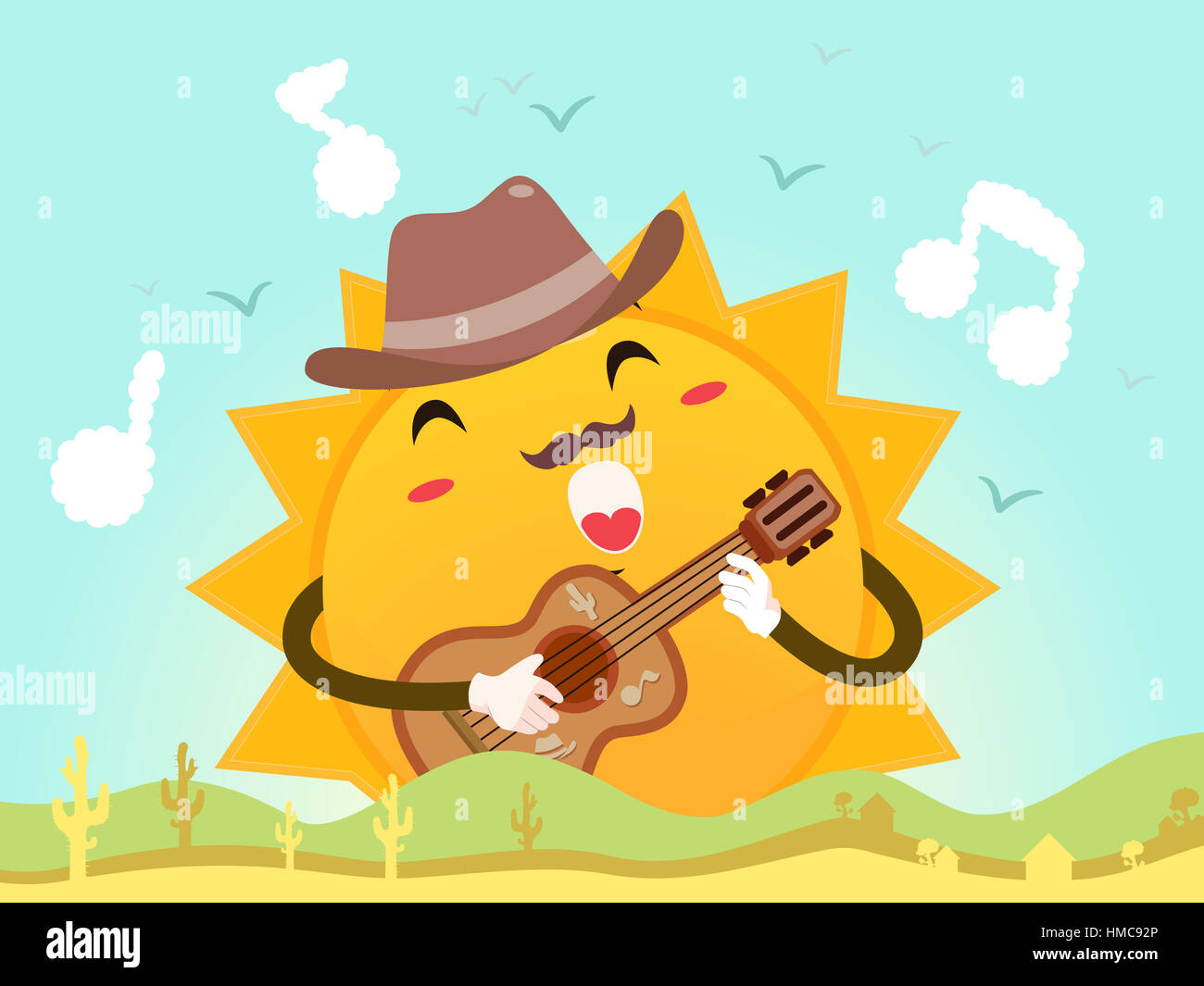 Maskottchen Abbildung einer glücklich Sonne mit Fedora Hut Geklimper der Gitarrenkorpus und singt ein Lied Stockfoto