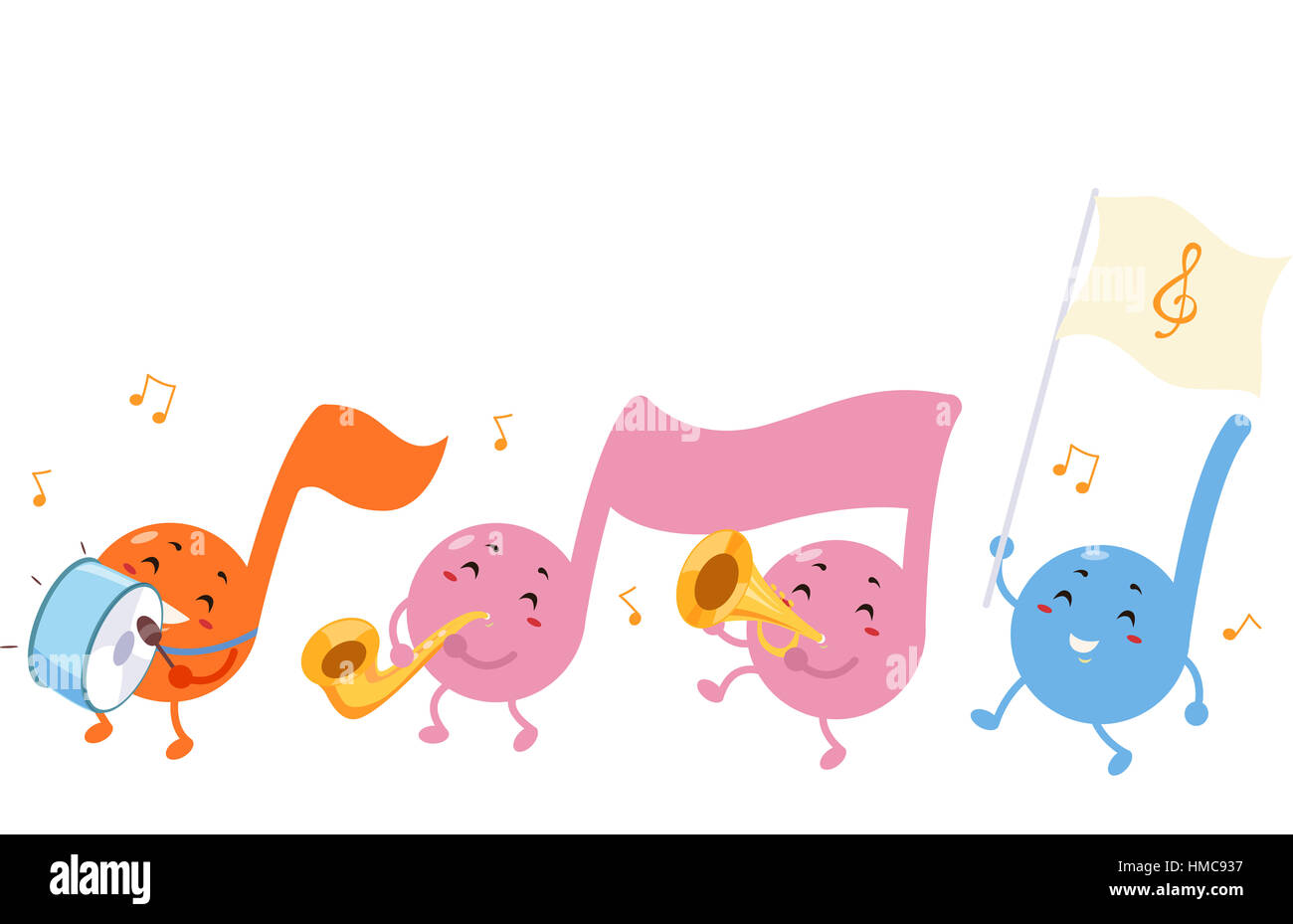 Niedlichen Maskottchen Abbildung von Musiknoten marschieren während spielen Musikinstrumente Stockfoto