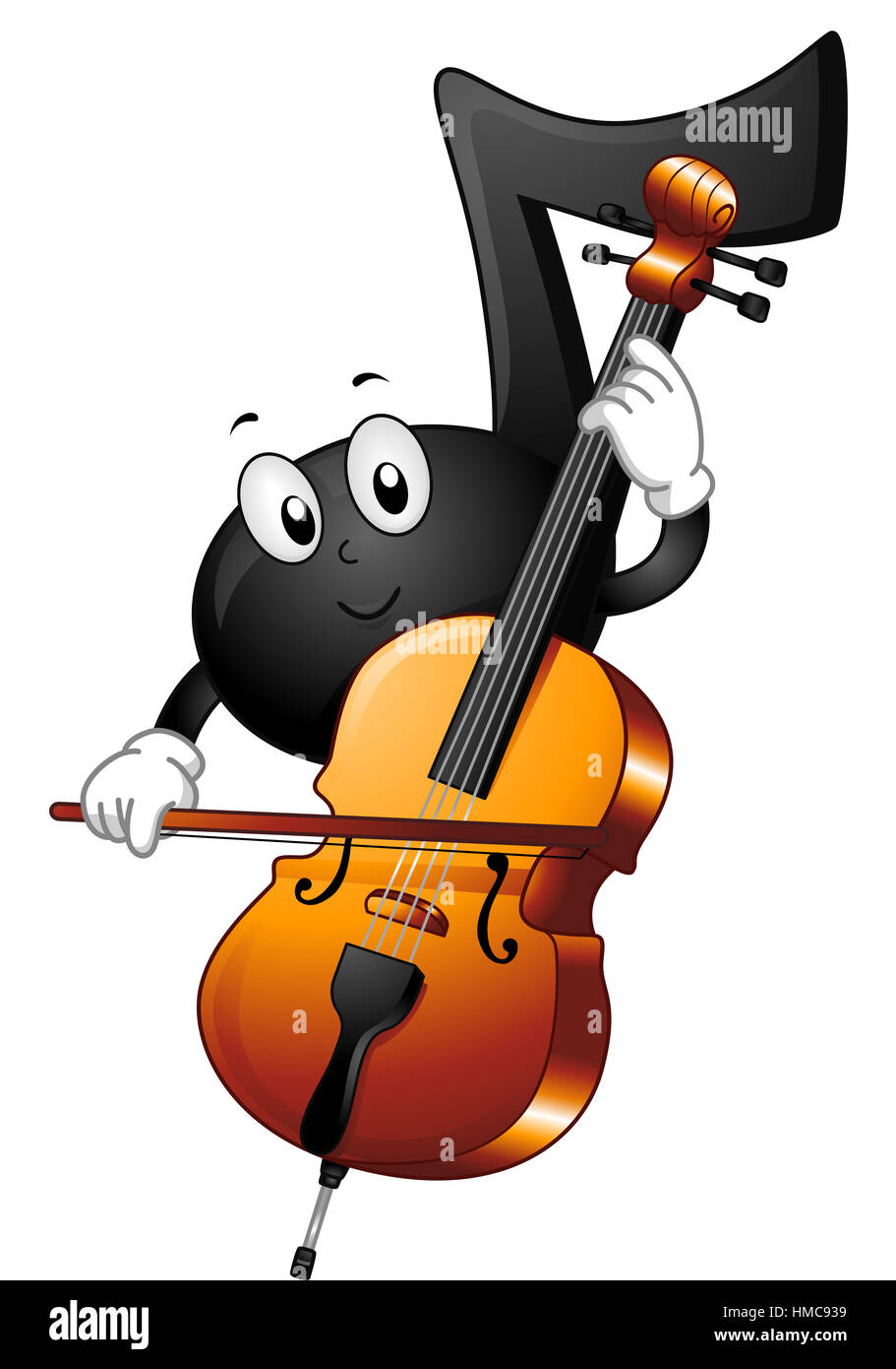 Maskottchen Außenillustration eine Musiknote, Schiebe den Bogen über die Saiten Cello Stockfoto