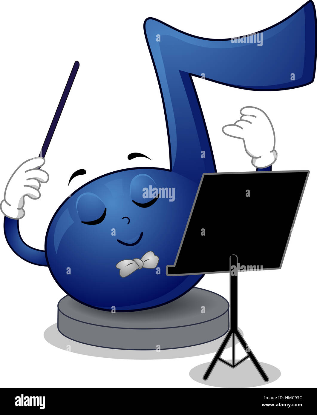 Maskottchen Außenillustration eine blaue Musiknote winken den Taktstock beim betrachten das Notenblatt Stockfoto