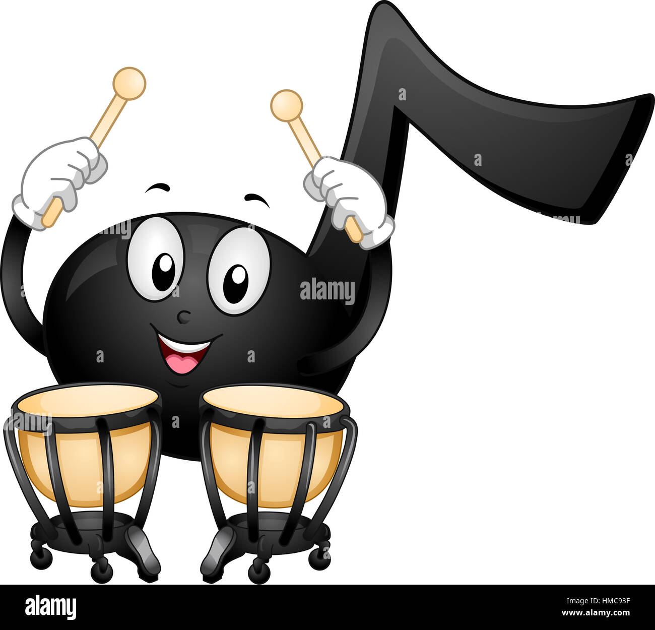 Maskottchen Abbildung einer schwarzen musikalische Note gerne schlagen ein paar Pauken Stockfoto