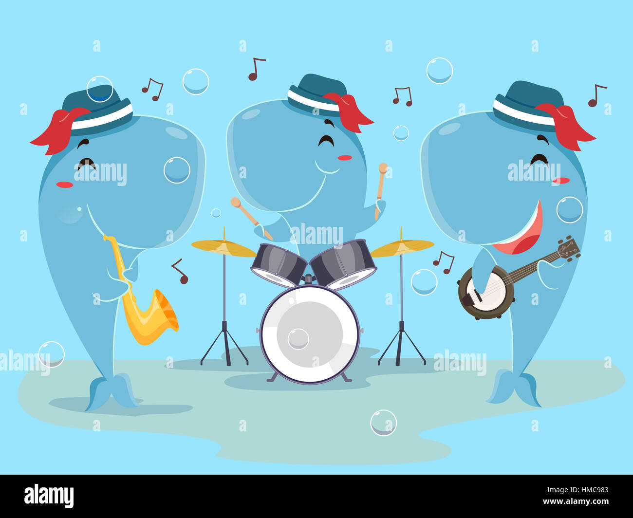 Niedliche Tier Illustration einer Wal-Band spielt Schlagzeug, Horn und Banjo Stockfoto
