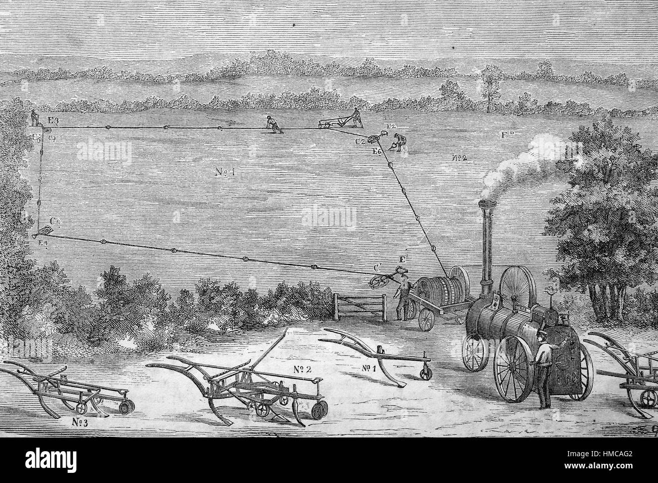 Ein Dampf-Pflug ist ein Dampfantrieb Pflug. Es wurde Mitte des 19. Jahrhunderts erfunden und war ein erster Schritt in die Mechanisierung der Bodenbearbeitung in der Landwirtschaft, Foto oder Bild, veröffentlicht 1892, digital verbessert Stockfoto