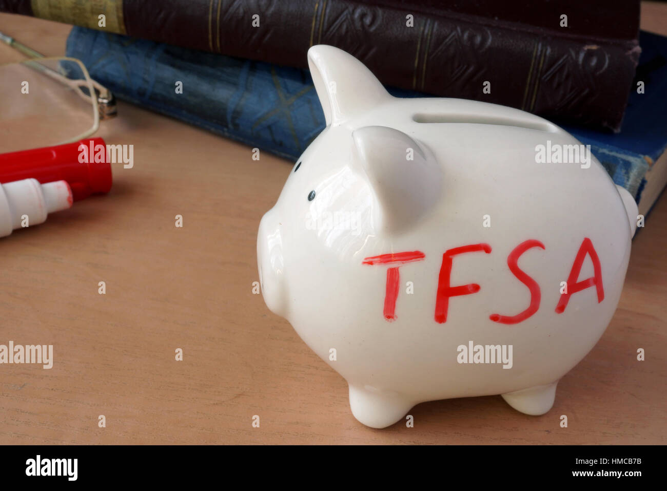 Sparschwein mit Wort TFSA. Steuerfreie Sparkonten. Stockfoto