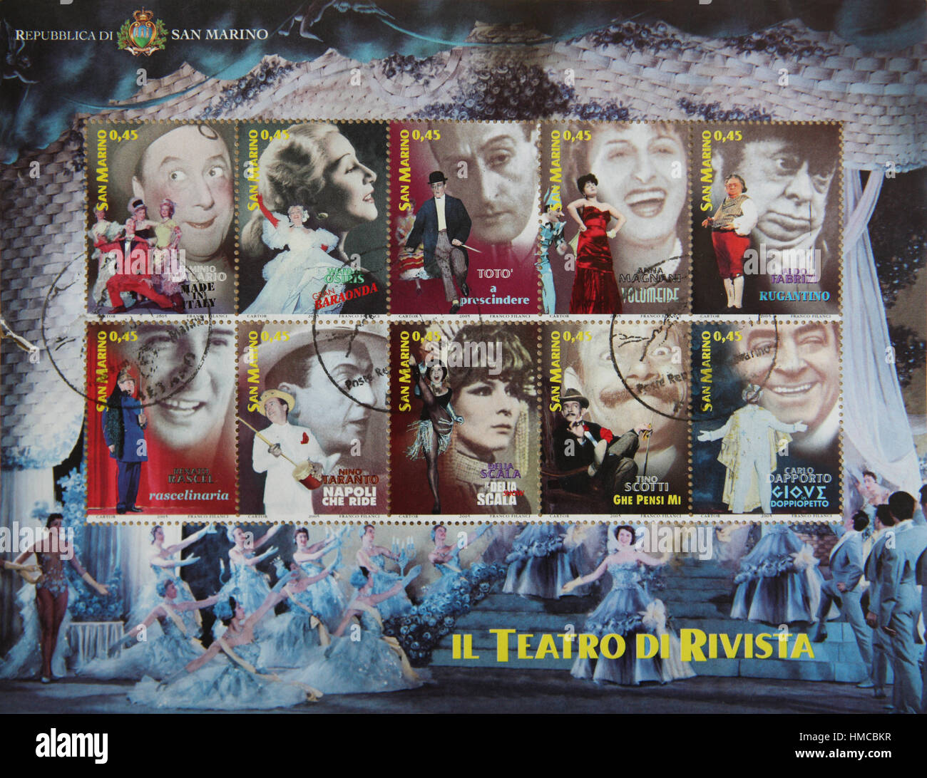Gebrauchte Briefmarken aus San Marino mit Charakteren aus dem Theater Magazin - Il Teatro di Rivista 2005-Set Stockfoto