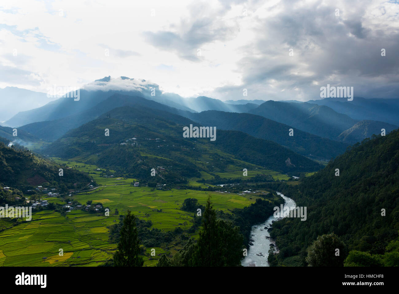 Bhutan Punakha Tallandschaft Panorama mit Fluss Hügeln und Reisfeldern Stockfoto