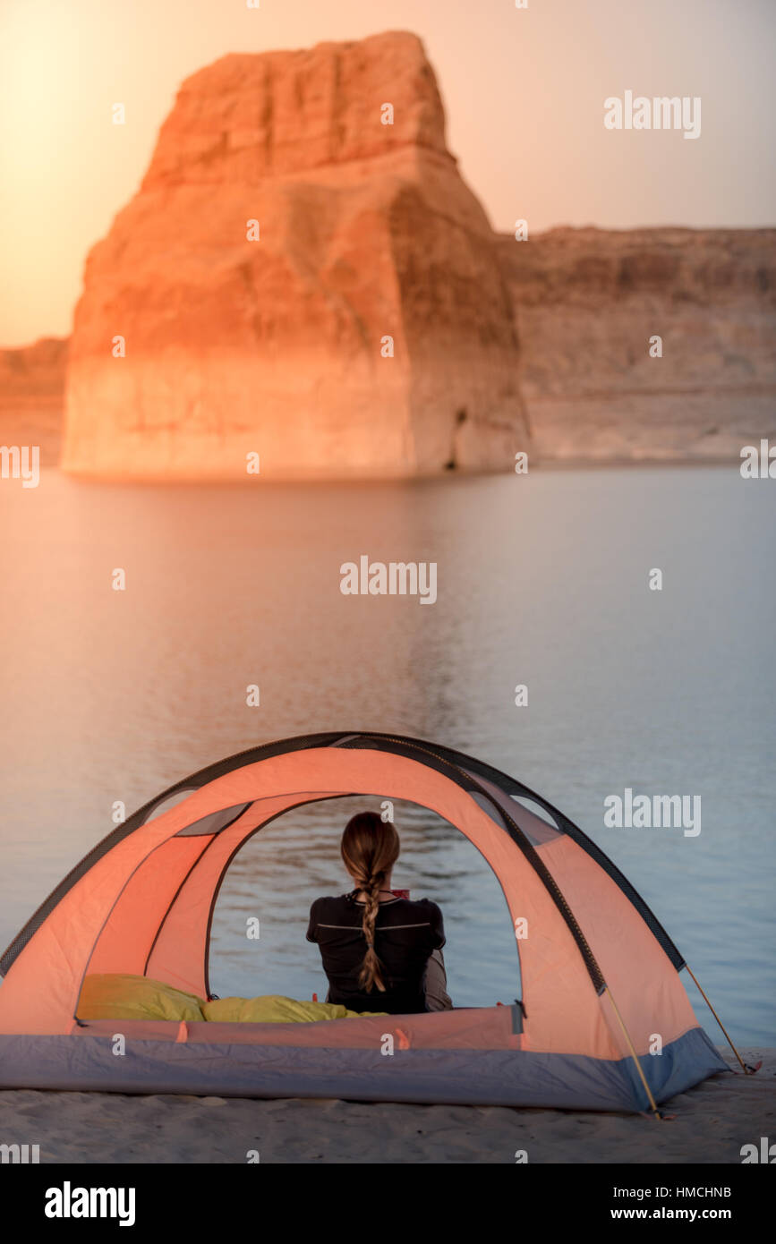 Zelt Camping Lone Rock Campground Lake Powell Wahweap Bay Kane County Utah Vereinigte Staaten von Amerika Stockfoto