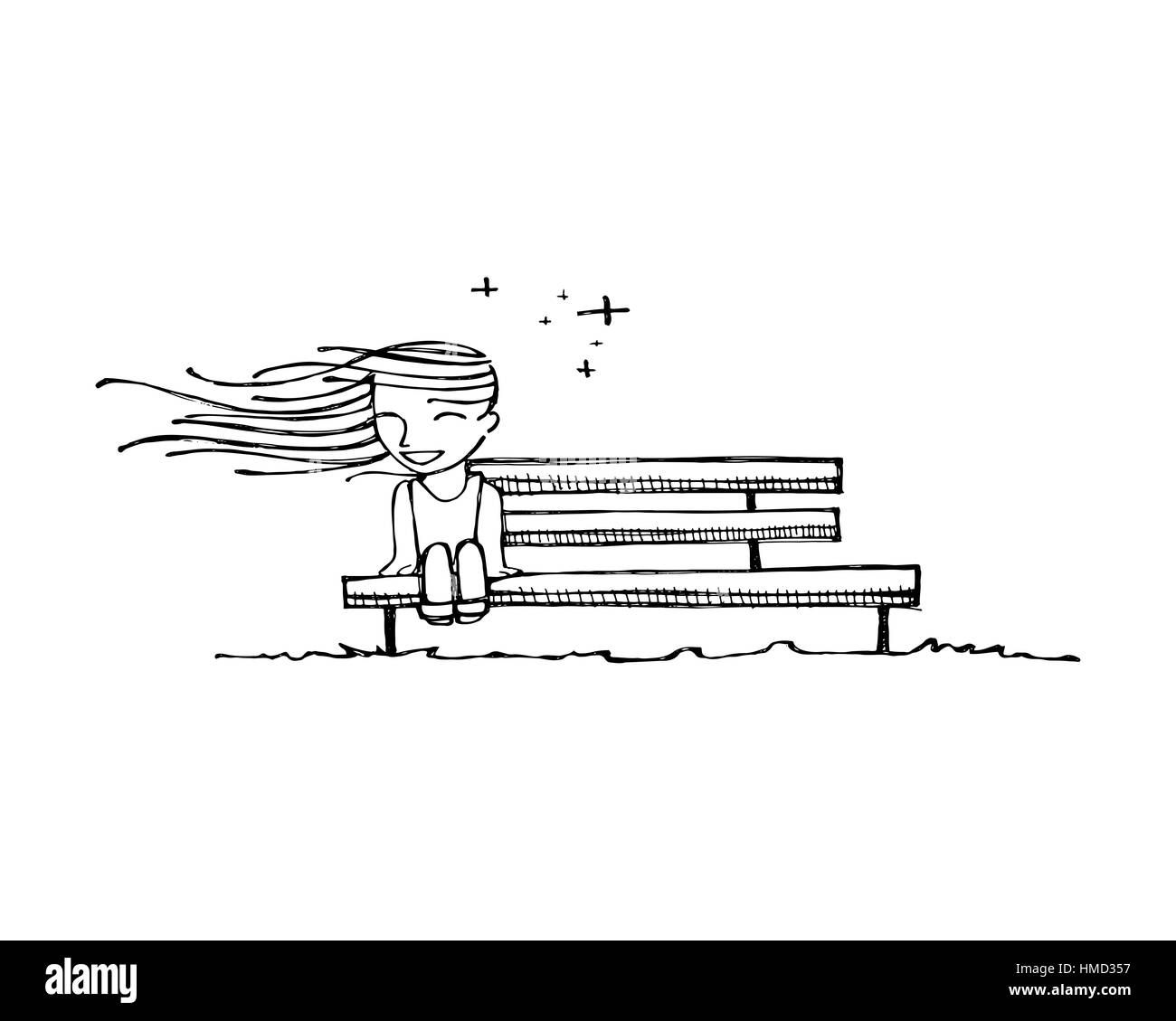 Vektor-Illustration von Hand gezeichnet oder eine Zeichnung ein fröhliches Mädchen auf einer Bank Stockfoto