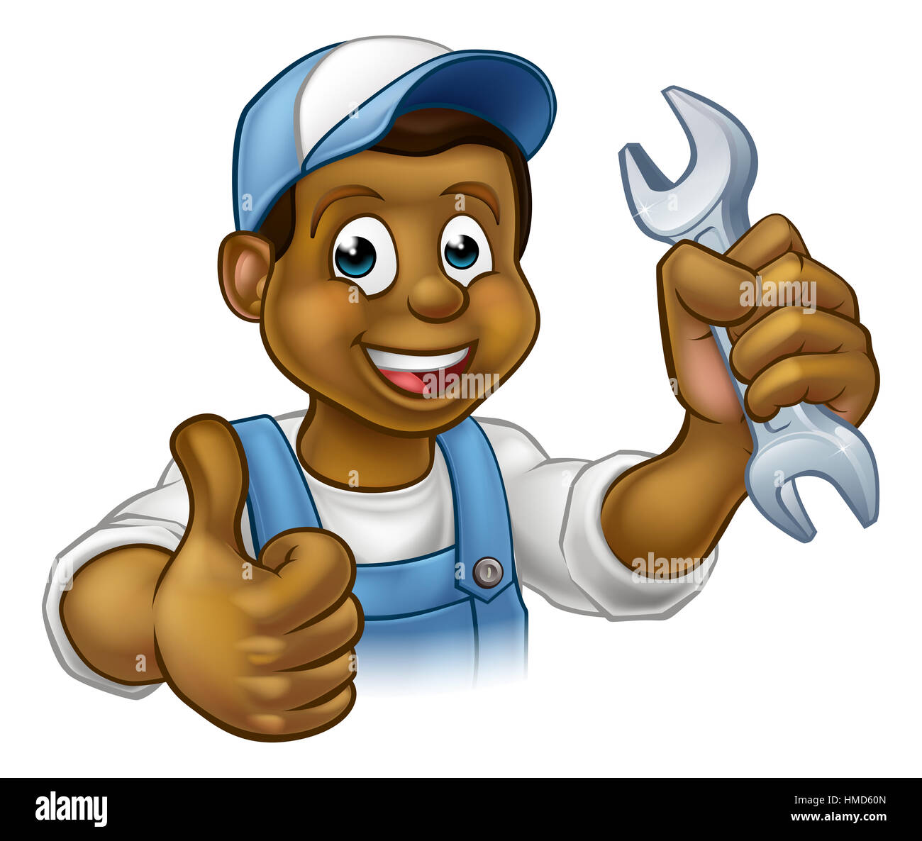 Eine schwarze Handwerker Mechaniker oder Klempner Cartoon-Figur hält einen Schraubenschlüssel und geben einen Daumen nach oben Stockfoto