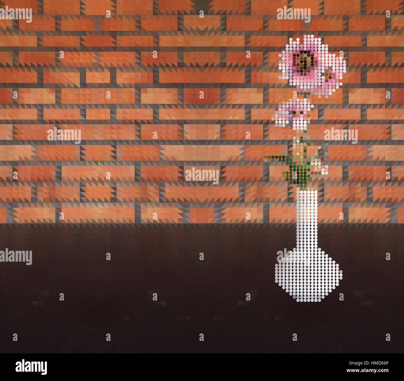 Vektor-Illustration von rosa Blume in Vase Punkt Stil auf Tisch und Ziegel Wand Dreieck Muster Hintergrund Stock Vektor