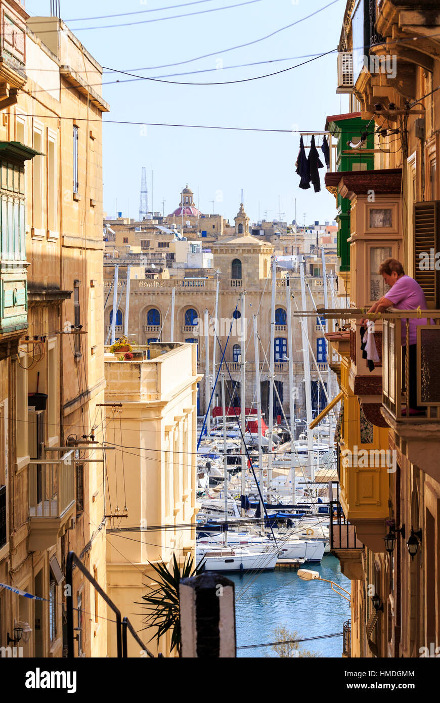 Sanglea Straße, Valletta, Malta, den Hafen und Birgu anzeigen Stockfoto