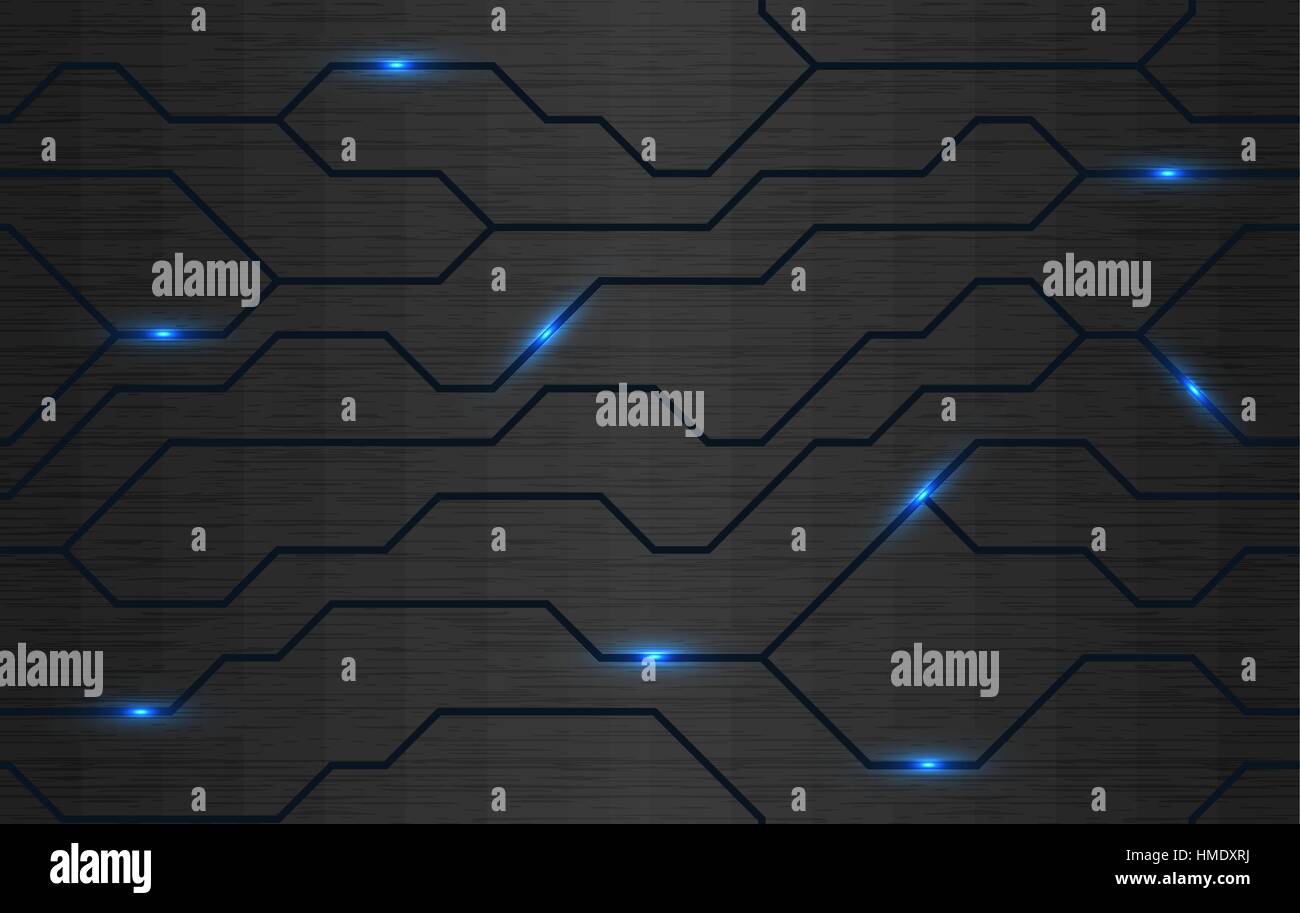 Nahtloser Vektor futuristische Dunkeleisen Techno Textur. Blaue abstrakte Elektron Energie-Linie auf gebürstetem schwarzem Metall Hintergrund. Power Tech Venenmuster Stock Vektor