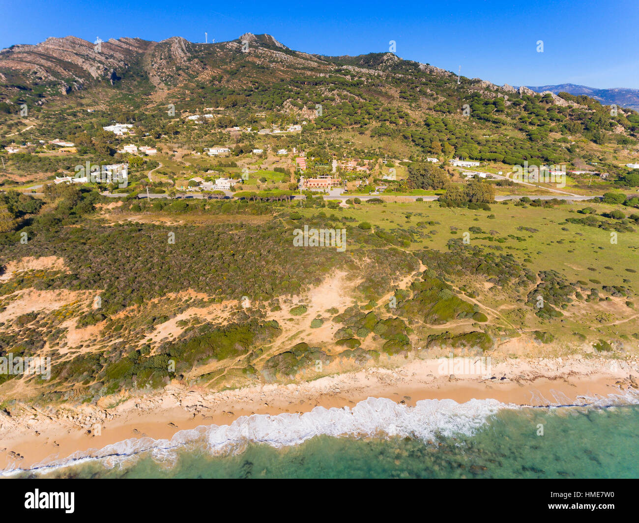 Luftaufnahme des Hotel Punta Sur, Tarifa, Costa De La Luz, Cádiz, Andalusien, Südspanien. Stockfoto