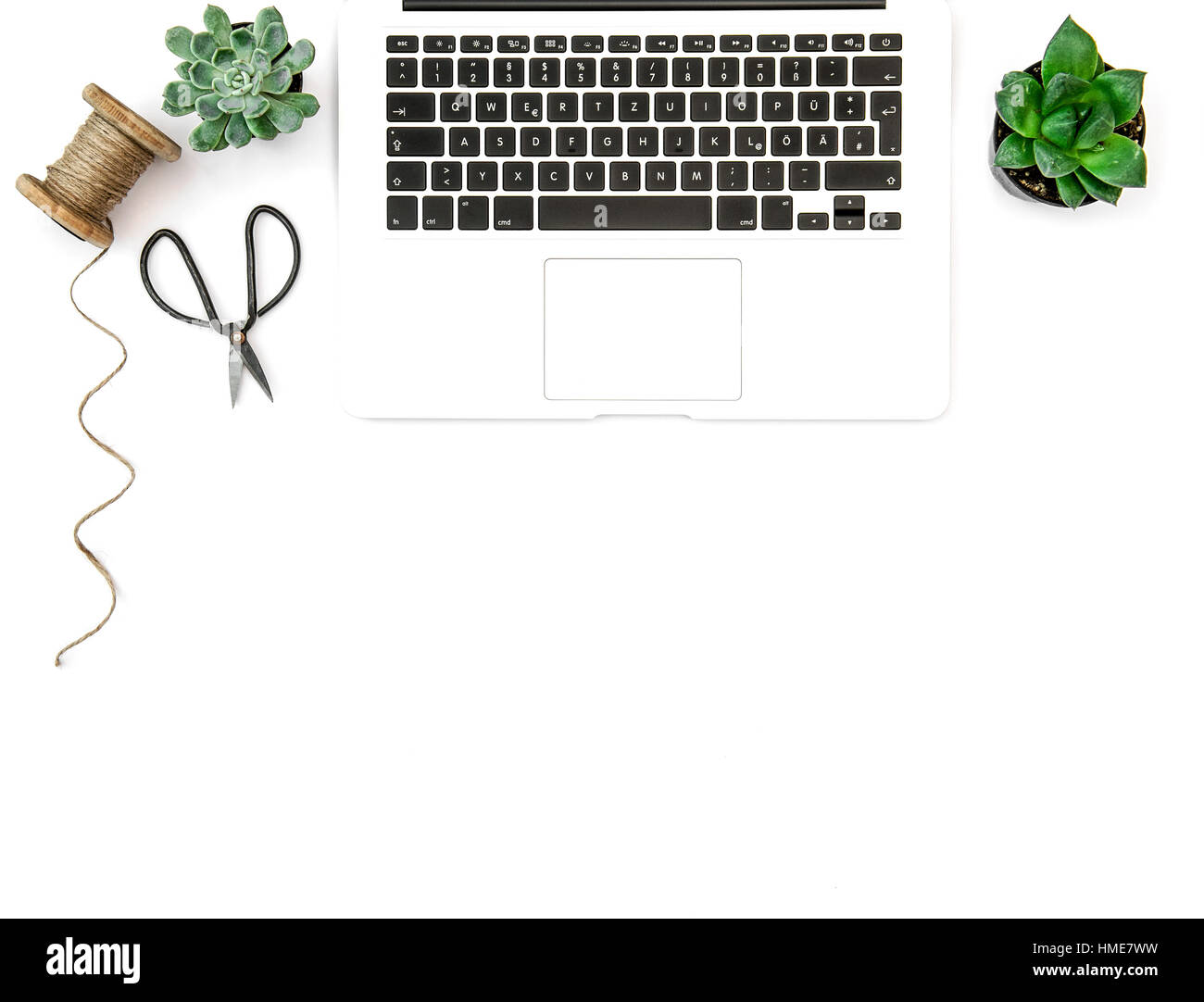 Büro-Arbeitsplatz mit Laptop Schere sukkulenten Pflanzen. Wohnung lag mock up für social-media Stockfoto