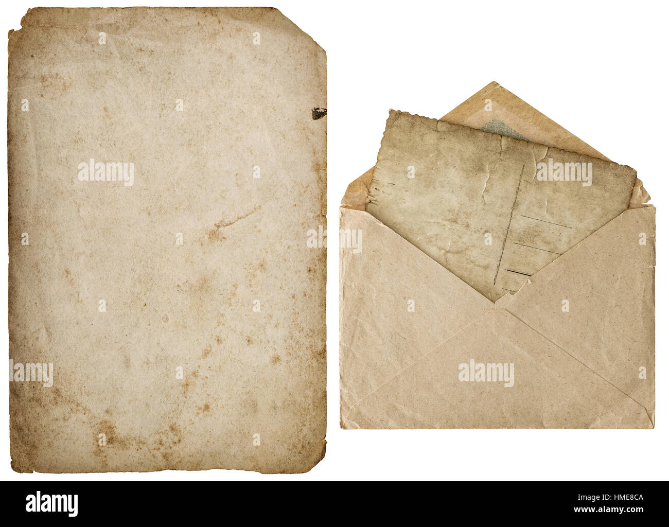 Altes Papier und Vintage Umschlag isoliert auf weißem Hintergrund Stockfoto