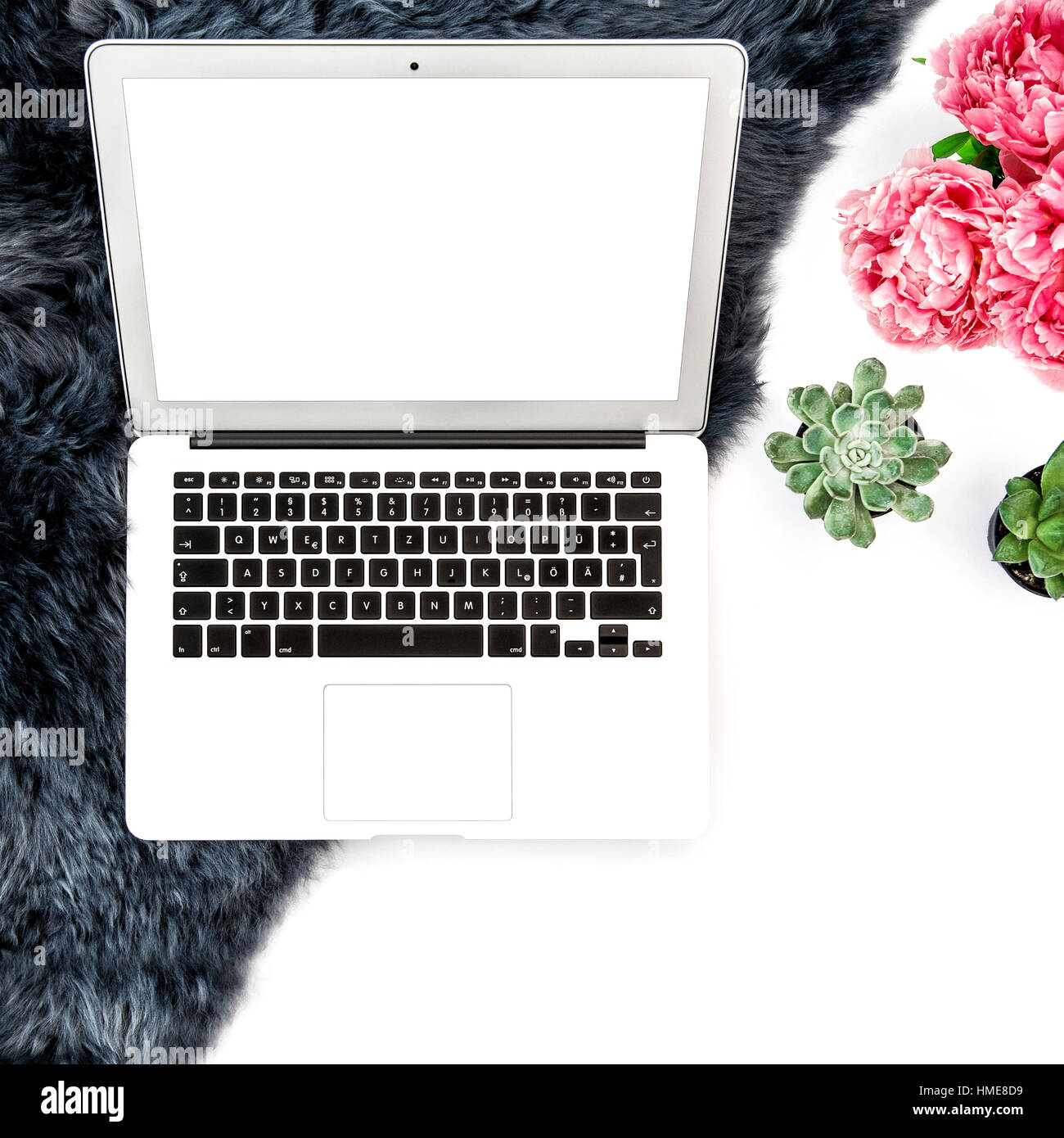 Arbeitsplatz-Laptop mit weißer Bildschirm, saftige Blumen, Fell-Hintergrund. Wohnung lag mock-up Stockfoto