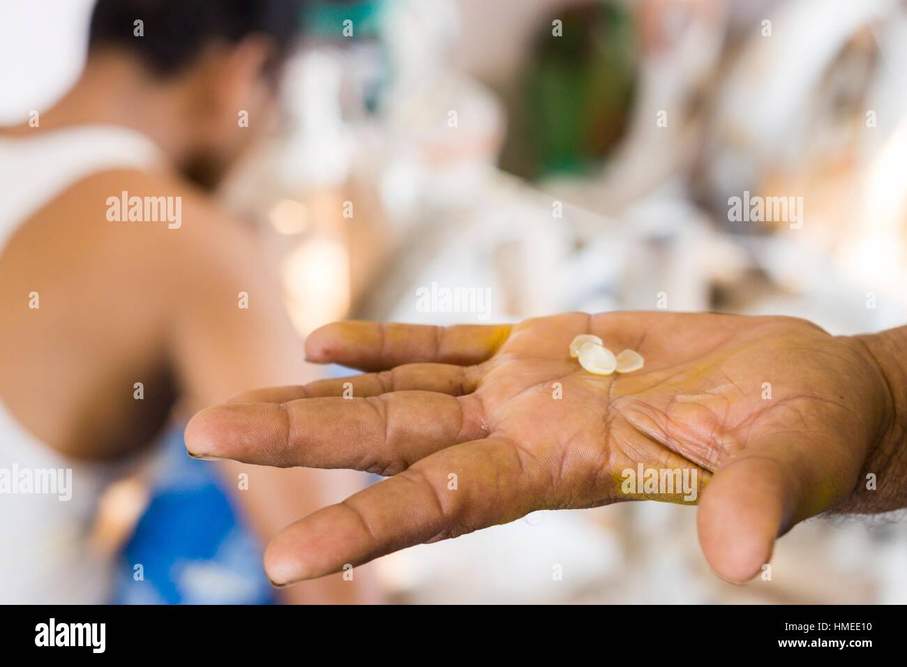 Arbeit von Edelsteinen für Indianerschmuck. Jaipur, Rajasthan, Indien Stockfoto