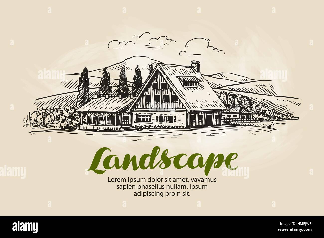 Skizze der Landschaft im ländlichen Raum. Bauernhof, Landhaus, Ferienhaus-Vektor-illustration Stock Vektor