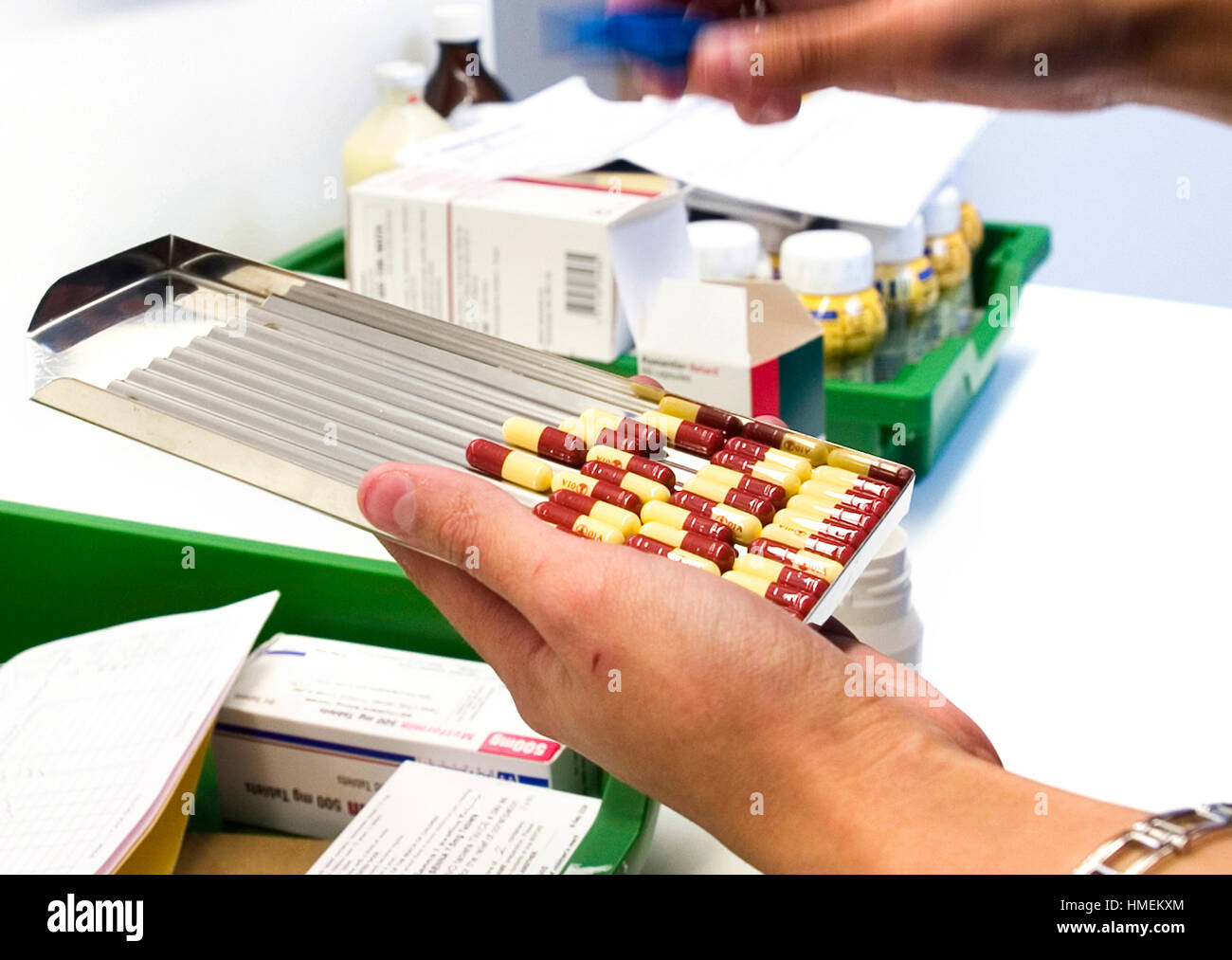 Krankenhausapotheker hielt ein Tablett mit bunten Tabletten, bereit, für Patienten warten auf ihre Medikamente zu verpacken Stockfoto