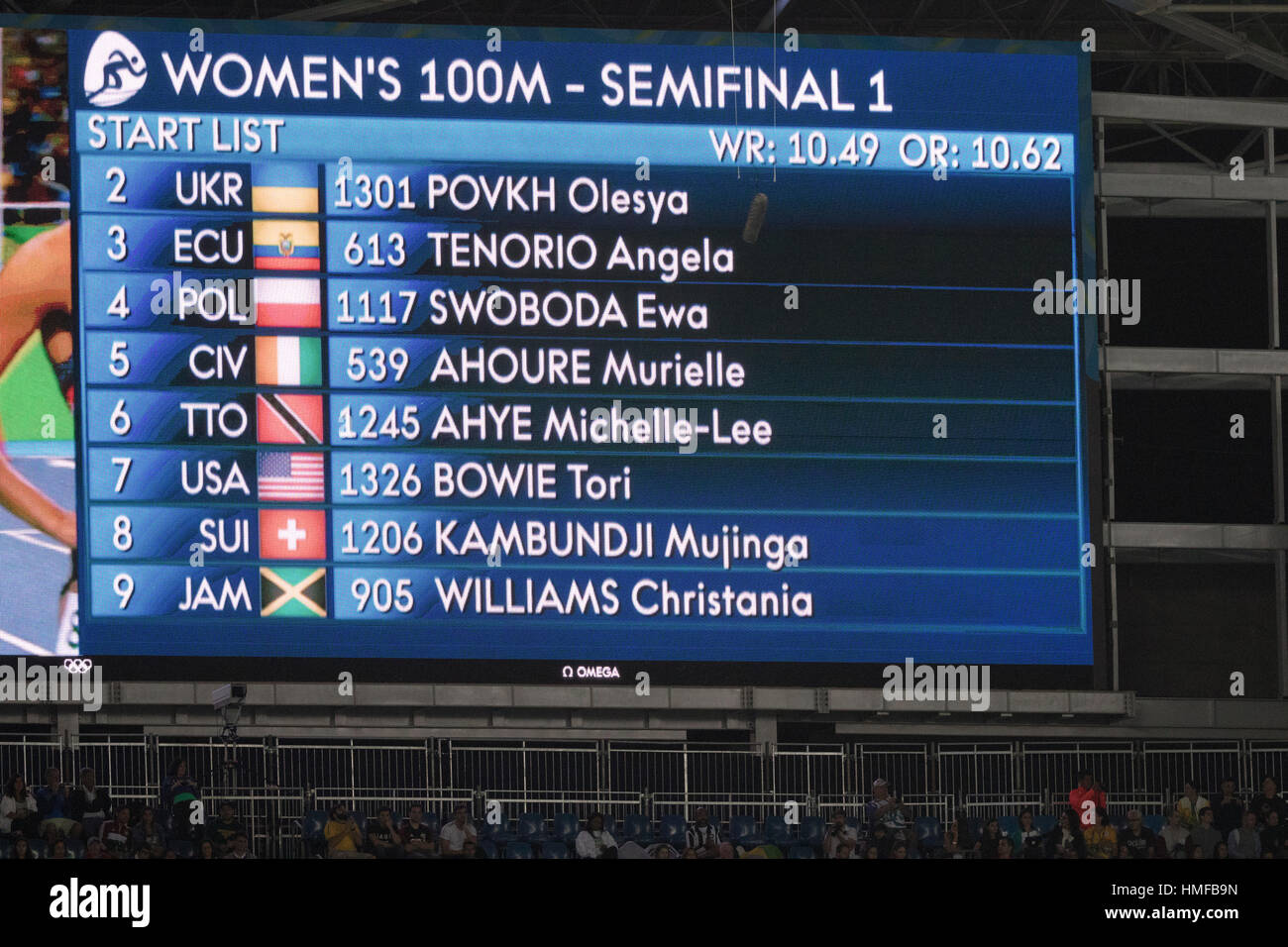 Rio De Janeiro, Brasilien. 13. August 2016.  Leichtathletik, Videoboard für die Frauen-100m-Halbfinale bei den Olympischen Sommerspielen 2016. © Paul J. Sutton/PCN Stockfoto