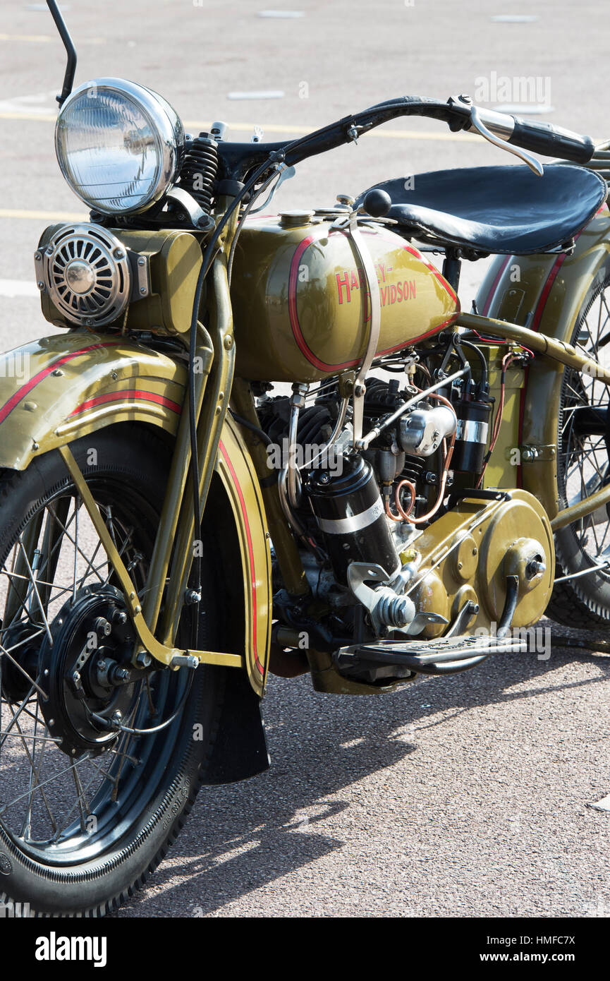 Jahrgang 1930 Harley Davidson Modell D Motorrad am VMCC Banbury verkehren. Banbury, Oxfordshire, England Stockfoto