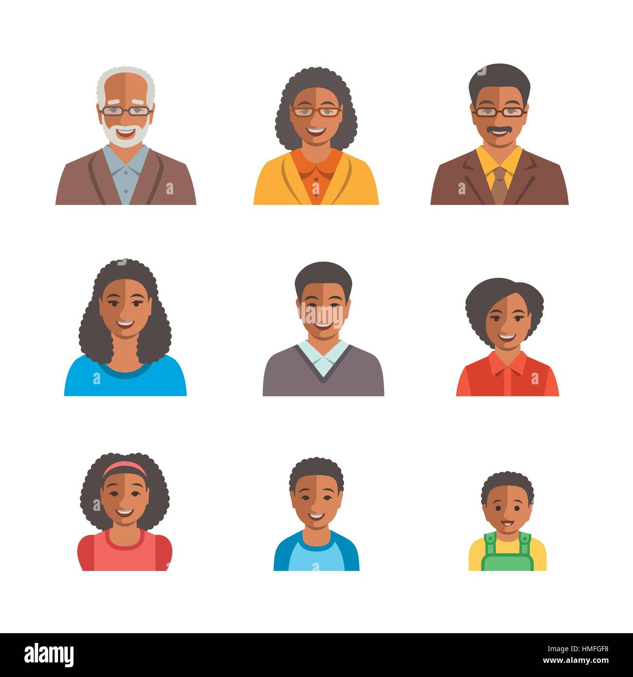 Afroamerikanische Familie glückliche Gesichter. Vektor-flach-Avatare. Schwarze Menschen aller Altersgruppen Generation einfache Symbole. Mutter, Vater, Erwachsene, Teenager, kleine Kinder port Stock Vektor