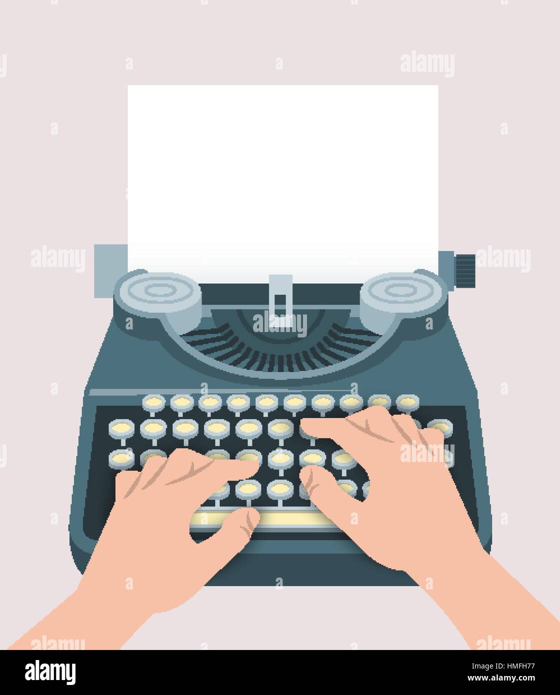 Retro-manuelle Schreibmaschine mit Druck Händen des Schriftstellers und Blatt Papier. Flache Vektorgrafik. Vintage-Hintergrund. Konzept des Bloggens, Buch crea Stock Vektor