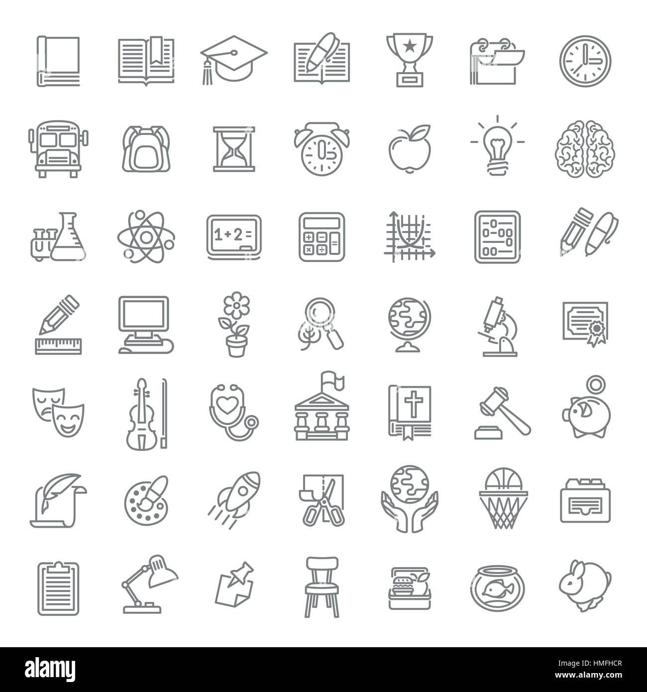 Satz von modernen flache Linie Kunst Vektor-Icons von Schulfächern, Tätigkeiten, Ausbildung und Wissenschaft Symbole auf weiß. Konzepte für Website, mobile oder comp Stock Vektor