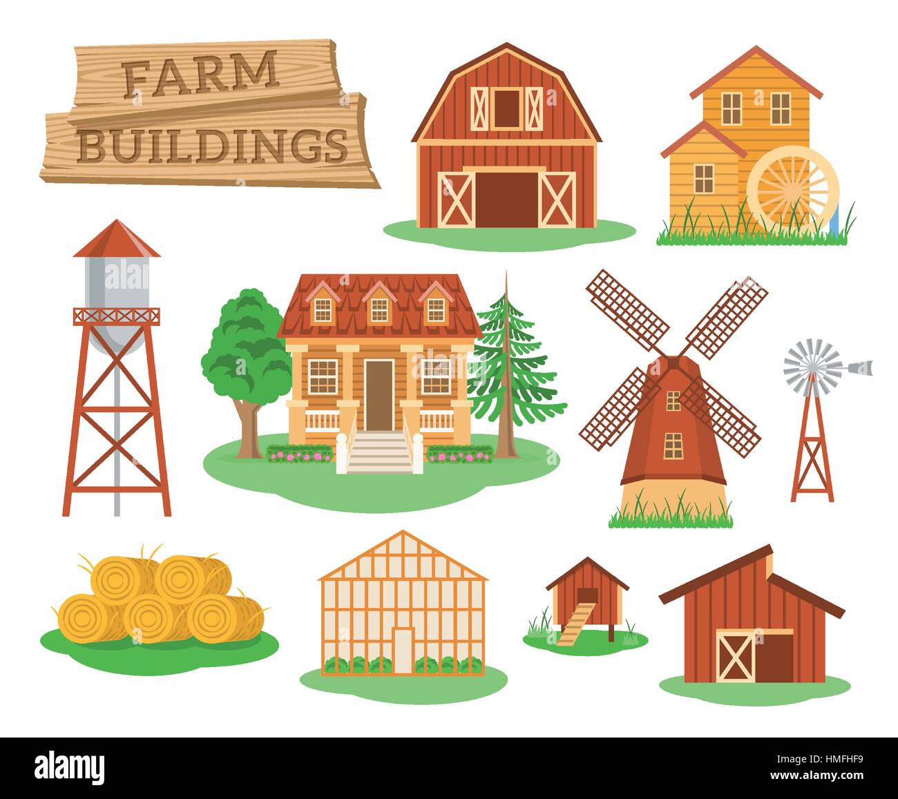 Bauernhof Gebäude und Konstruktionen flache Infografik Vektorelemente festgelegt. Ikonen der Bauernhaus, Scheune, Windmühle, Wassermühle, Gewächshaus, Wasser usw. Turm. Stock Vektor