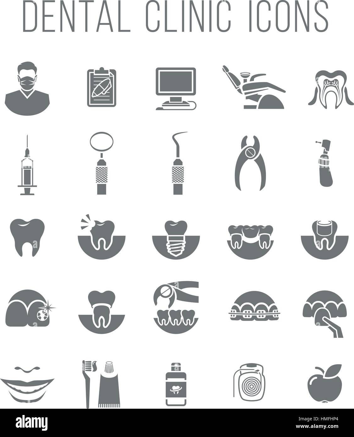 Satz von konzeptuellen moderne flache Silhouette Vektor-Icons der Zahnklinik Dienstleistungen, Zahnmedizin, Zahnheilkunde, Kieferorthopädie, Mundhygiene und Hygiene, t Stock Vektor