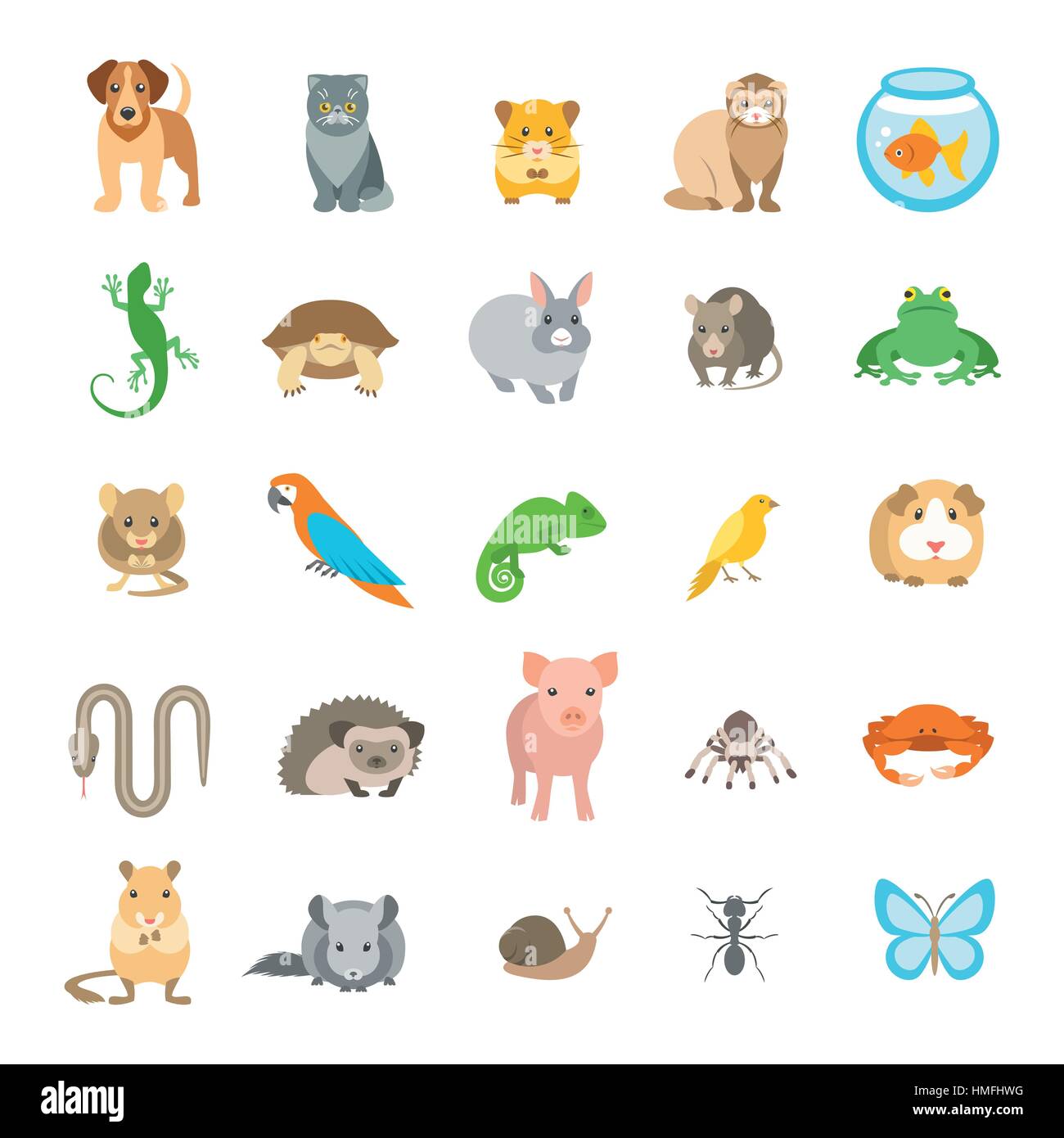 Tiere Haustiere Vektor Flach Bunte Icons Set Comic Illustrationen