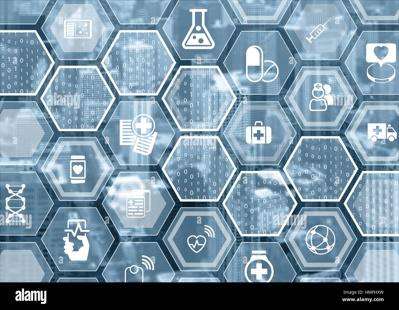 Elektronische e-Healthcare blauen und grauen Hintergrund mit sechseckigen Formen Stockfoto