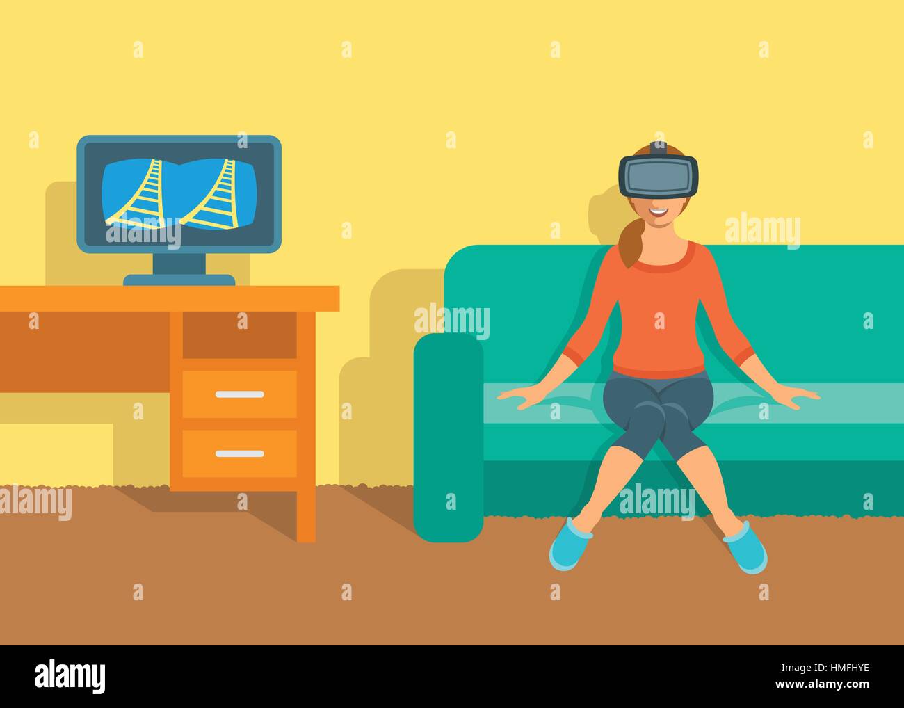 Junge Frau in virtual-Reality-Brille VR box sitzt auf dem Sofa zu Hause neben dem Tisch mit Computer. Flache Vektor-Illustration. Virtuelle 3d Technologie de Stock Vektor